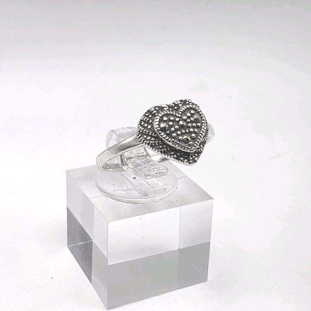 Vintage Marcasite 925 Sterling Silver Stacked Heart Ring Size 8.5
